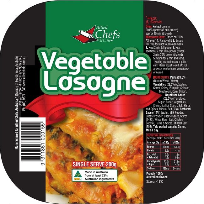 Lasagne, Vegetable 12x200g Allied chefs