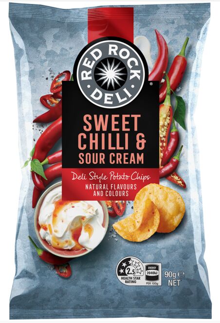 Potato Chips**Sour Cream and Sweet Chilli 12x90gm Red Rock Deli