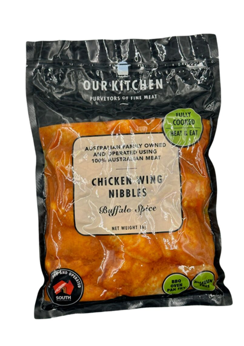 Chicken, FROZEN Cooked Wing Nibbles Buffalo 12x1Kg Our Kitchen (H) (GF)