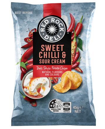 Potato Chips, Sweet Chilli Sour Cream 18x45gm Red Rock Deli