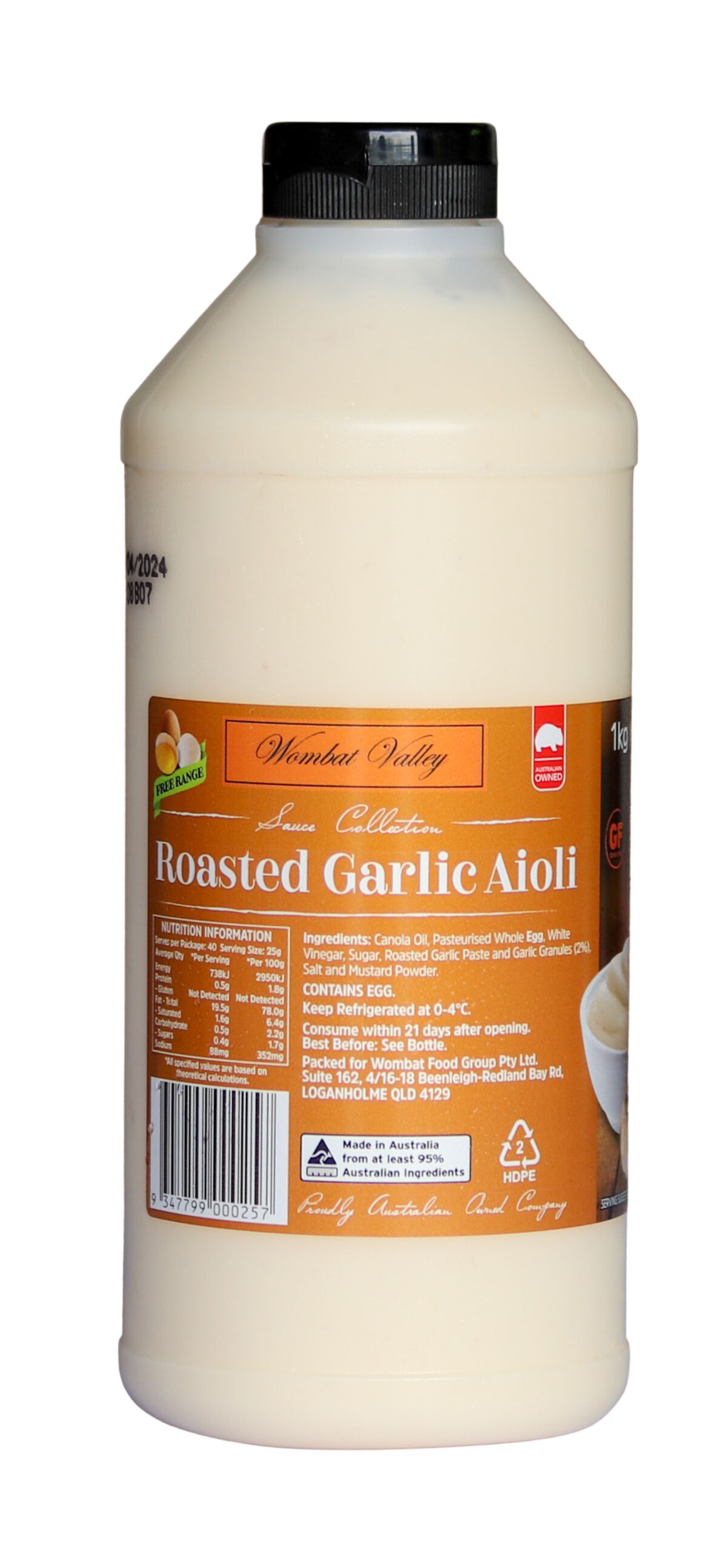 Sauce, Roasted Garlic Aioli 1Kg Wombat Valley (GF) (H)