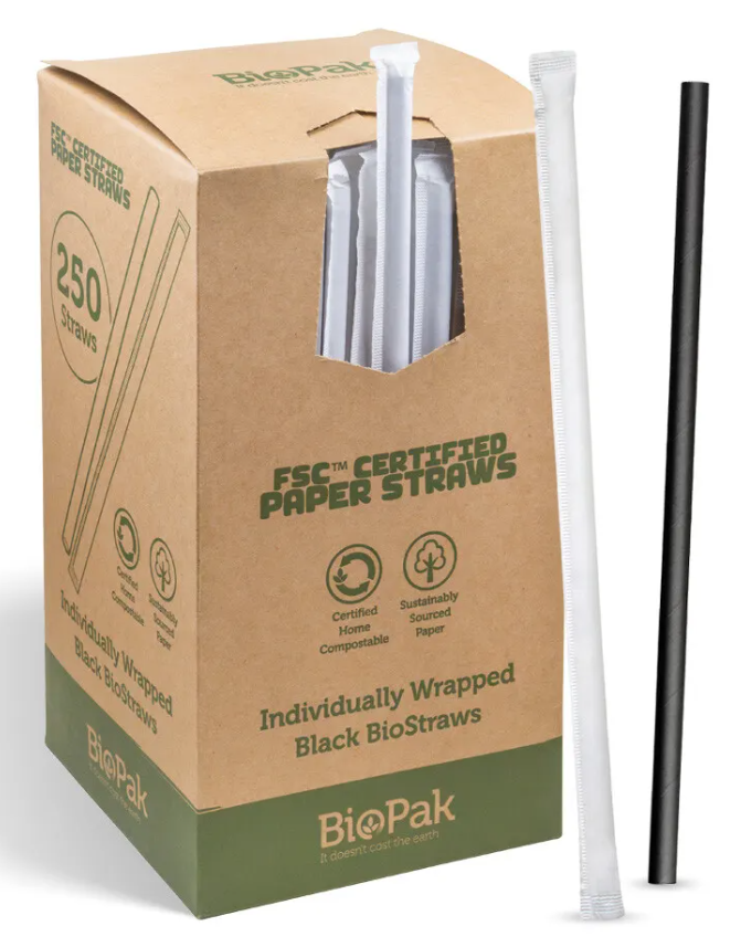 BioPak Paper Straws Black 7mm Individually Wrapped