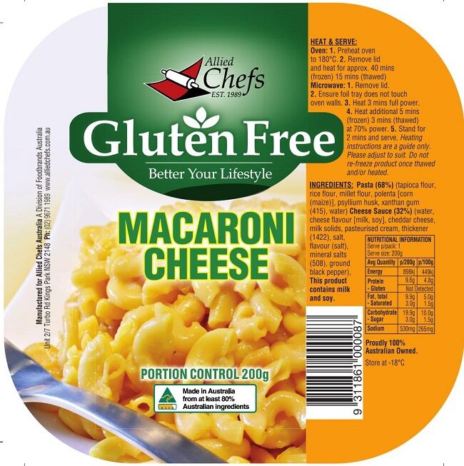 Macaroni**Cheese, Gluten Free 12x200gm Allied Chefs (GF)