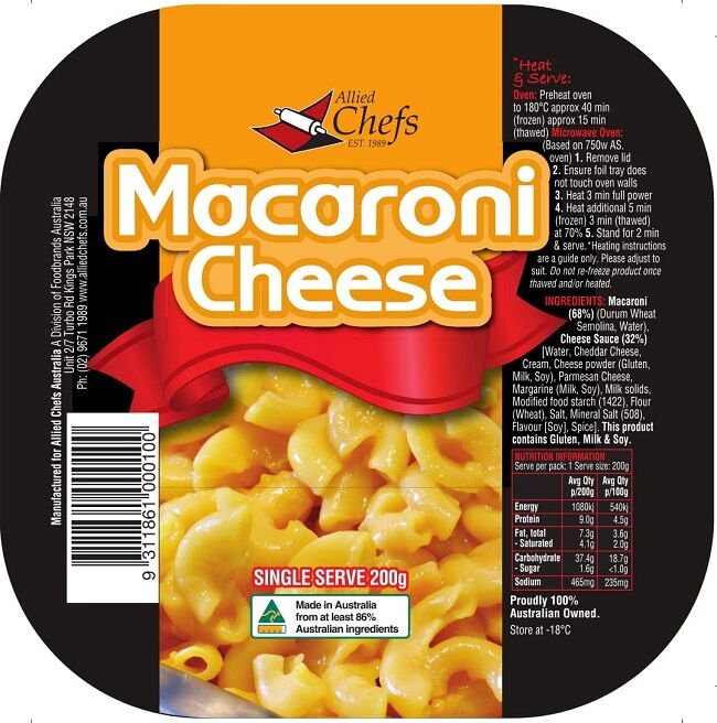 Macaroni Cheese 24x200gm Allied Chefs