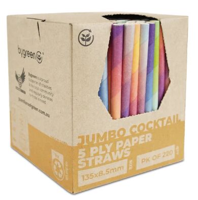 Straws**5 Ply Paper Strong Jumbo Cocktail Mixed Colours (10×220) CARTON, Bygreen