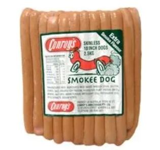 Hot Dogs, 10″ Smokee Skinless 2.5Kg Conroys