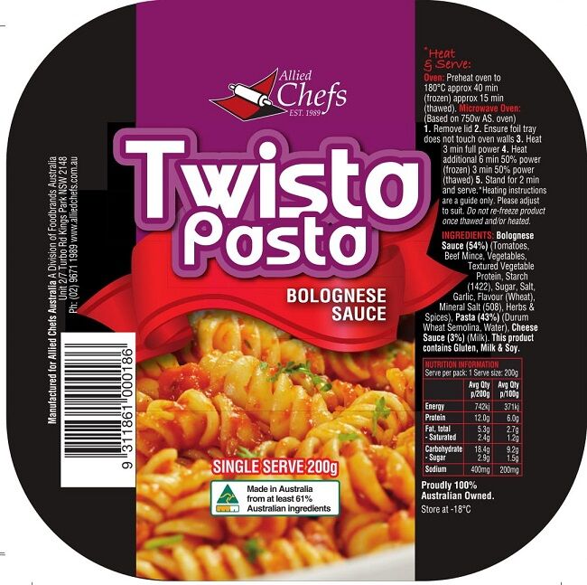 Twista, Pasta, in Bolognese Sauce 24x200g Allied Chefs