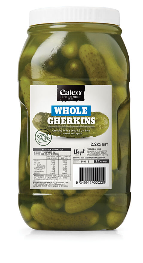 Gherkins, Whole Sweet Spiced 2kg Eateo (VG) (GF)