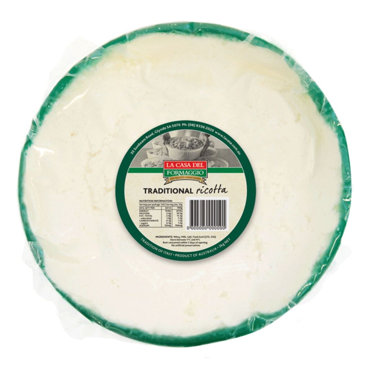 Cheese, Ricotta Full Cream 1.5kg La Casa Del Formaggio