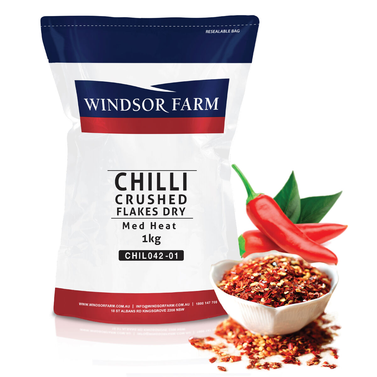 Chilli, Crushed (Flakes 042) Dry 1kg Windsor Farm