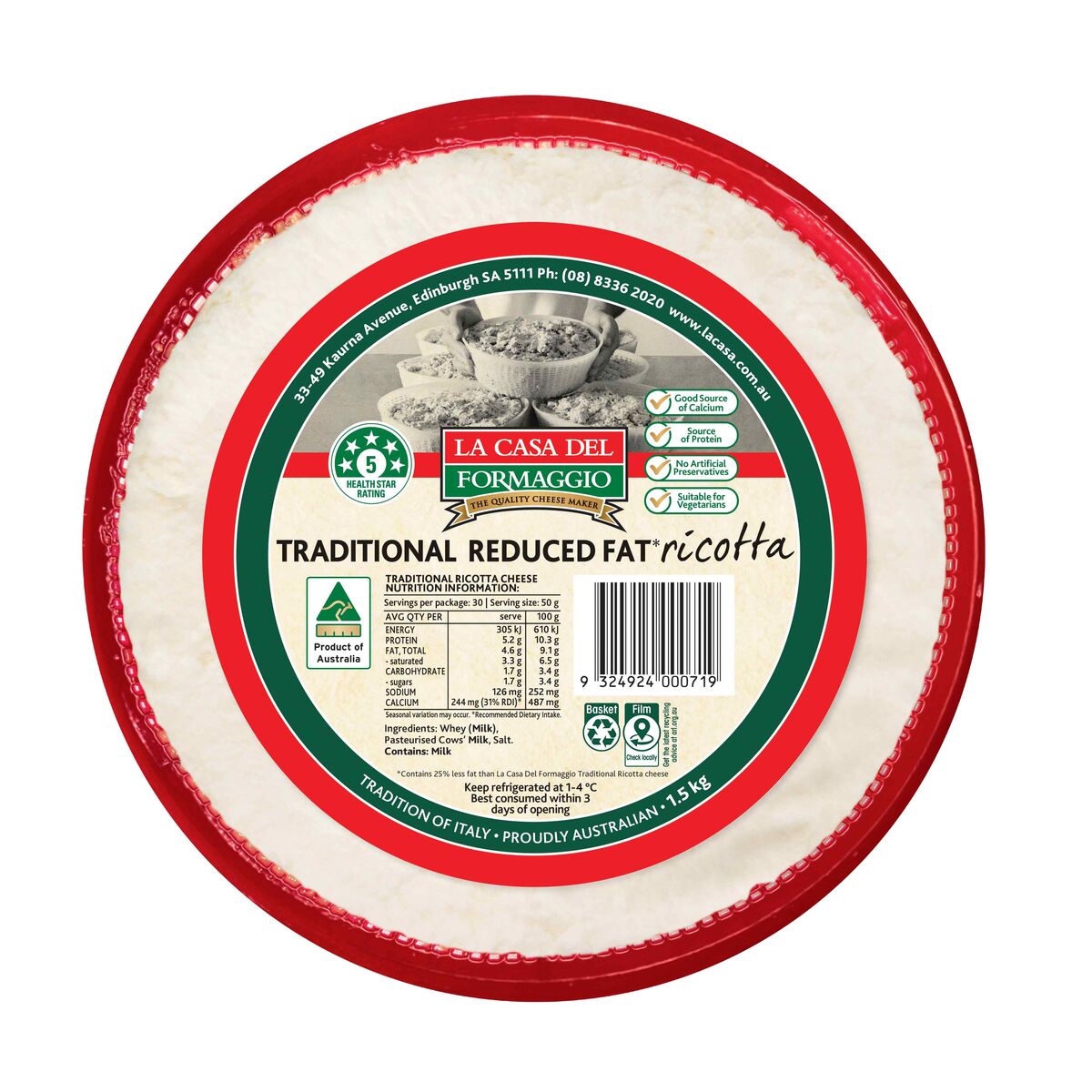 Cheese, Ricotta Low Fat 1.5kg La Casa Del Formaggio (GF)