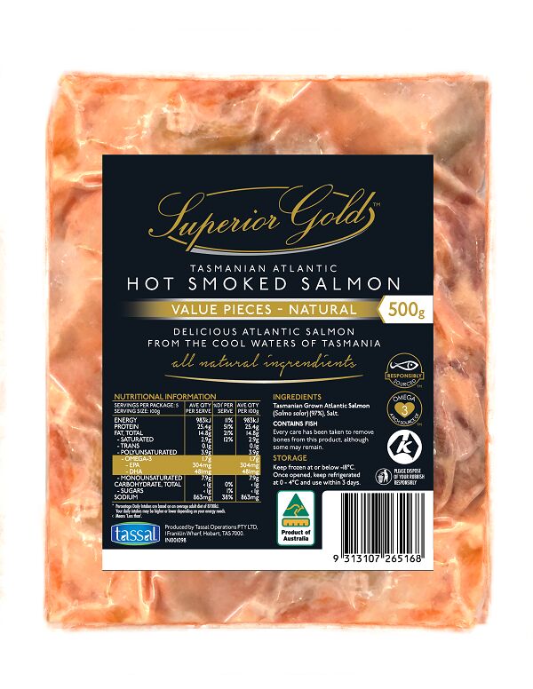 Salmon, Smoked Hot Natural Pieces 500gm Tassal (A)