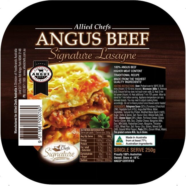 Lasagne, Angus Beef 24x250g Allied Chefs