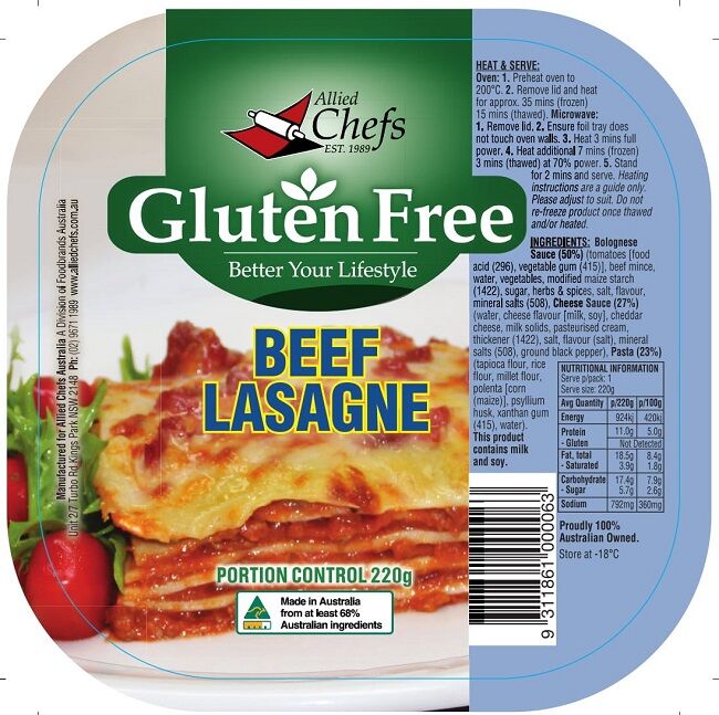 Lasagne, Beef Gluten Free 12x200gm Allied Chefs (GF)