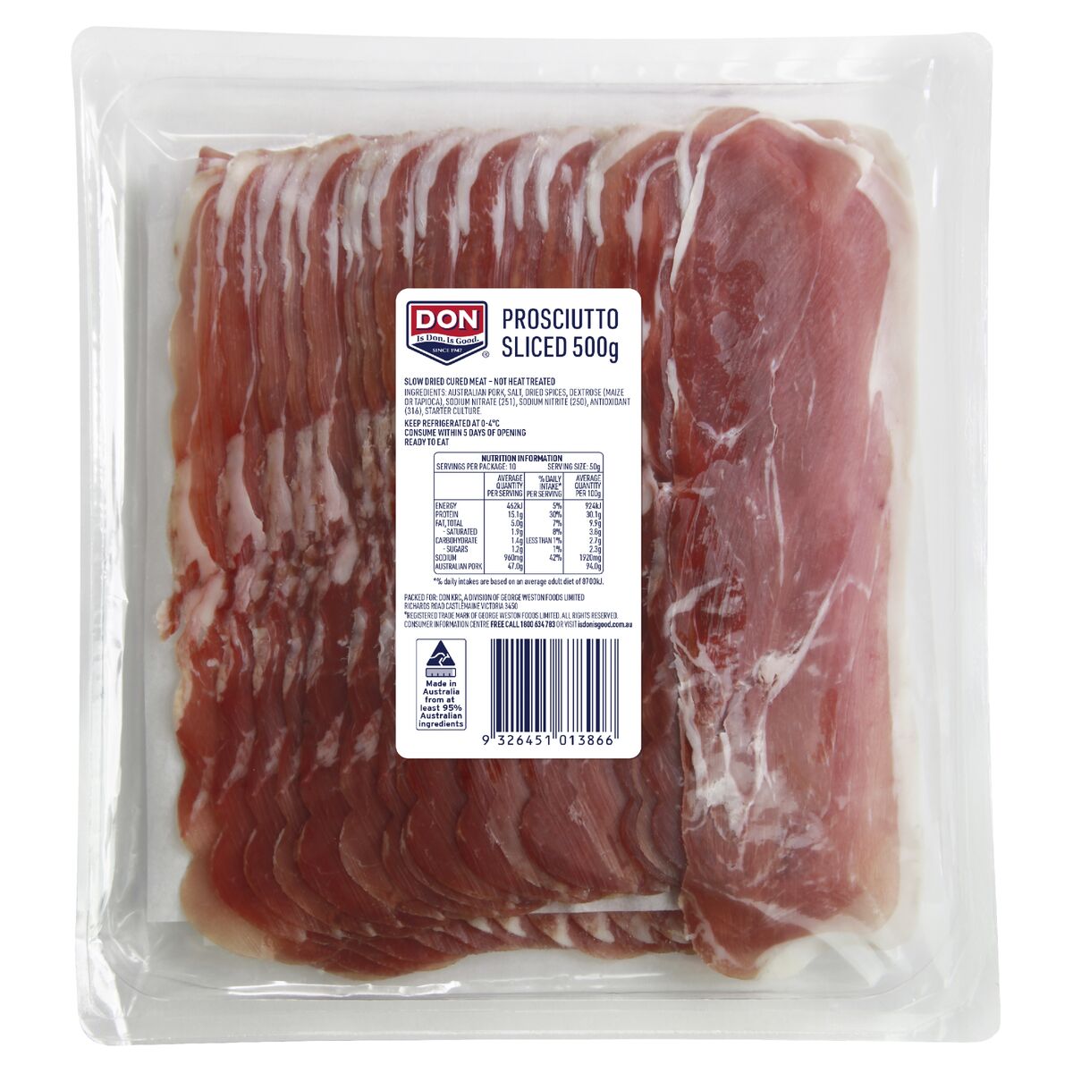 Prosciutto, Sliced 500gm (101386) Dons (GF)