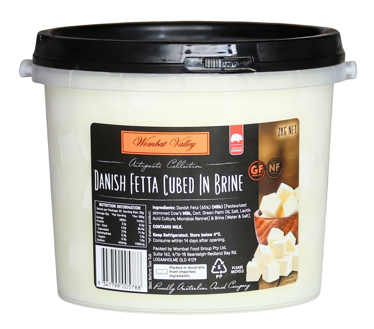 Cheese, Danish Cubed Fetta 2kg Wombat Valley (GF) (H)