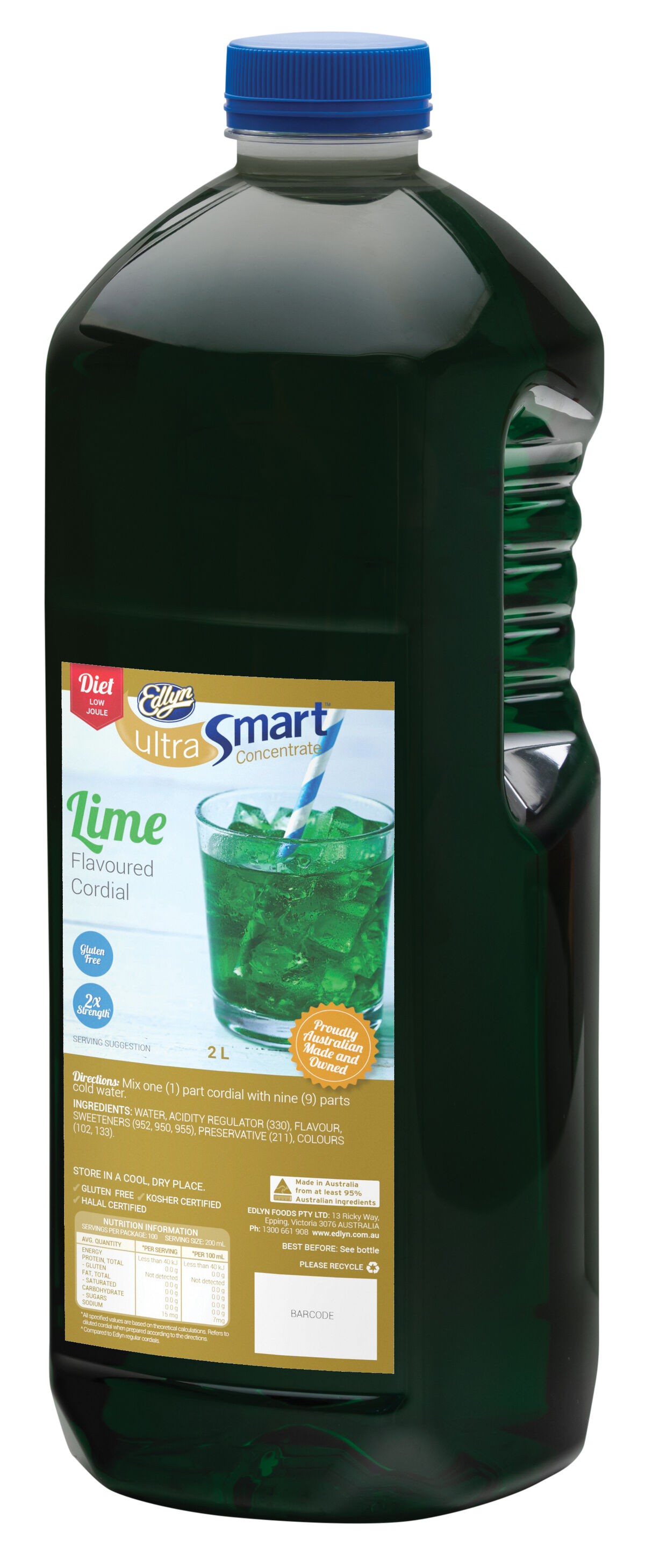 Cordial, Diet Lime Ultrasmart 2L Edlyn (GF) (H)