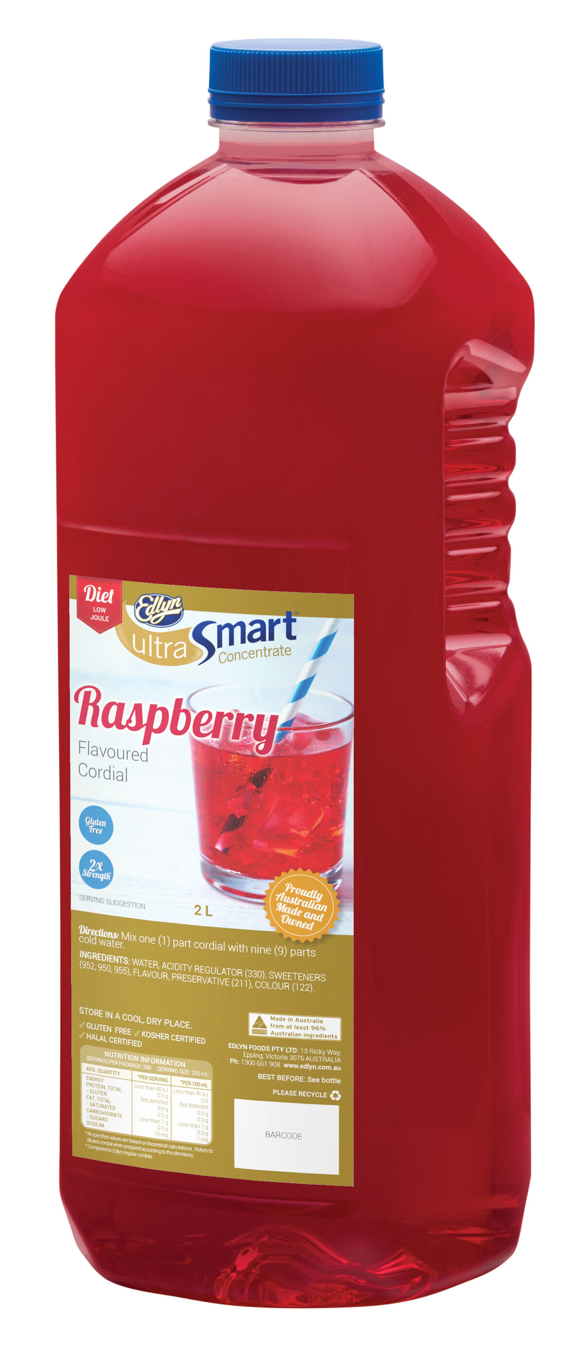 Cordial, Diet Raspberry Ultrasmart 2L Edlyn (GF) (H)